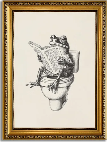 Miniatura 9 de YD&YZY Arte de pared de rana divertida para baño con marco dorado, lienzo de rana en el inodoro leyendo periódico, decoración de pared, pintura