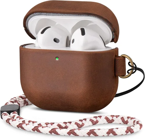 Miniatura 10 de Maogoam Funda de cuero genuino para AirPods Pro 2, botón de sincronización, diseño de clip en D con cordón de mano, funda de cuero encerado