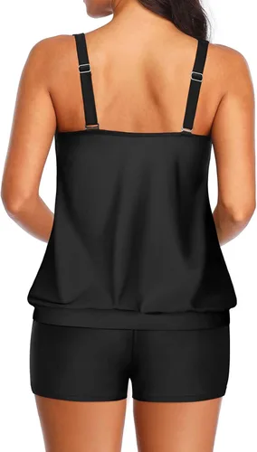 Miniatura 2 de Yonique Trajes de baño estilo tankini con blusón para mujer, de dos piezas, ajuste holgado, sencillo y estampado floral.