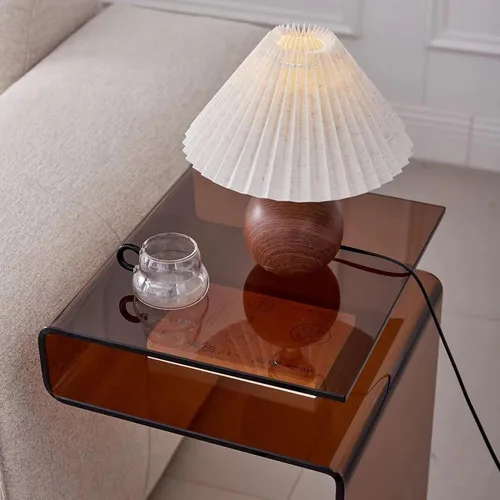 Miniatura 8 de Mesita de noche de cristal, mesa auxiliar, mesa auxiliar en forma de S para sala de estar, mesita de noche para dormitorio (marrón)