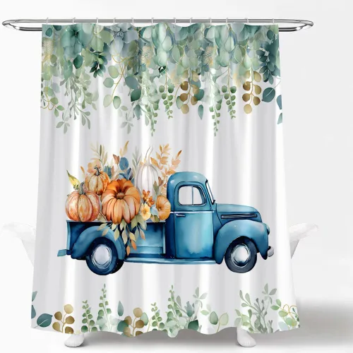 Cortina de ducha con diseño de calabaza, camión, otoño, cosecha, granja, rústico, acuarela, hojas, floral, juego de cortina de baño con gancho