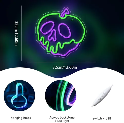 Miniatura 4 de WLHOPE Letrero de neón de Halloween regulable con calavera, manzana, para decoración de pared, luces LED de Halloween, conectividad USB, luces LED