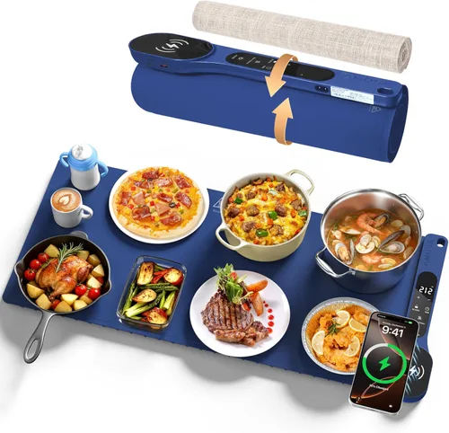 Tapete de calentamiento de alimentos con cargador inalámbrico, calentador de alimentos extra grande de 34 x 15 pulgadas, tapete de calentamiento
