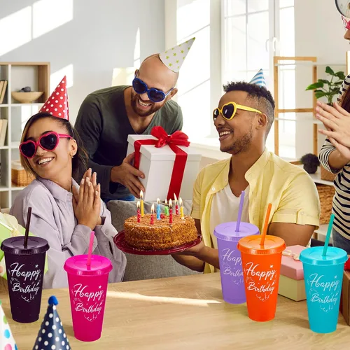 Miniatura 5 de Uiifan 30 vasos de cumpleaños a granel con tapas y pajitas, vasos reutilizables de color morado y rosa para regalos de fiesta, regalos de devolución