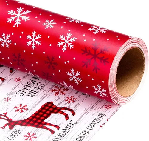 Miniatura 8 de MAYPLUSS Rollo de papel de regalo de Navidad, papel de regalo de 17 pulgadas x 16.5 pies con casa de árbol de Navidad azul marino copo de nieve