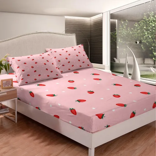 Miniatura 3 de Juego de sábana bajera ajustable para niños de fresa roja, tamaño individual, diseño de corazón dulce princesa, decoración de habitación para niñas