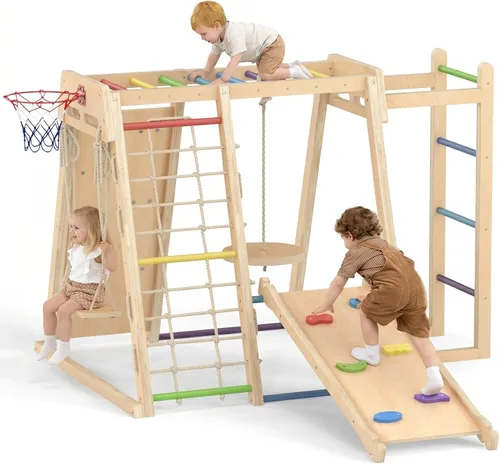 OLAKIDS Gimnasio de la selva para interiores, juguetes Montessori de madera 9 en 1 para escalar bebés con rampa ajustable de 2 columpios, red de