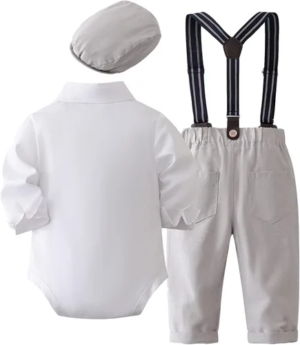 Miniatura 2 de SALNIER Conjunto de ropa de traje de bebé niño esmoquin trajes de caballero trajes de corbatín camisa tirantes pantalones boina sombrero 0-24M
