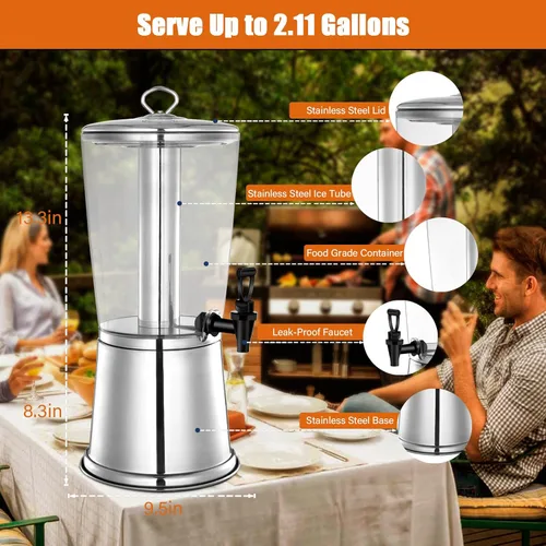 Miniatura 6 de Dispensador de bebidas de 2 galones con soporte, dispensadores de bebidas para fiestas, dispensadores de jugo de acero inoxidable con tubo de hielo