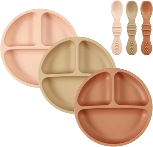 PandaEar Paquete de 3 Platos para Niños Pequeños con 3 Cucharas, Plato de Succión Dividido 100% Silicona para Bebés, Sin BPA, Apto para Lavavajillas