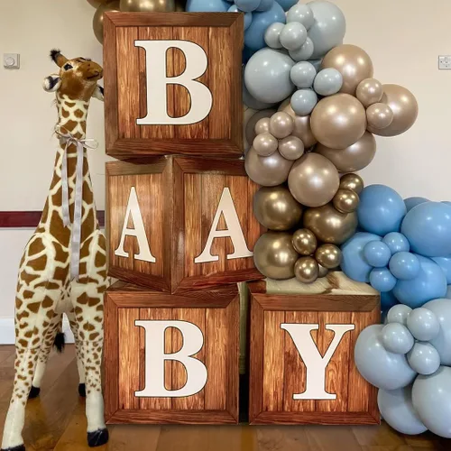 Miniatura 6 de Cajas de exhibición para baby shower con impresión de veta de madera para decoraciones de fiesta, telón de fondo neutro para fiesta de revelación