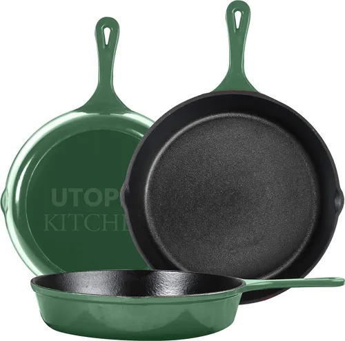 Miniatura 9 de Utopia Kitchen Juego de sartenes de hierro fundido de 3 piezas, sartén para chefs, sartenes de hierro fundido pre-sazonadas, 6, 8 y 10 pulgadas, Rojo