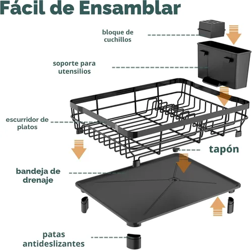 Miniatura 5 de AIDERLY Escurridor de platos de hierro con bandeja de goteo, escurreplatos para encimera de cocina, boquilla extensible con coladores