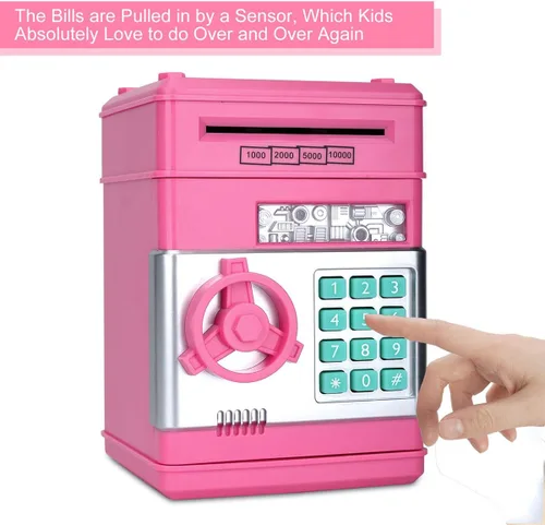 Miniatura 2 de Alcancía de caricatura Caja de seguridad electrónica con contraseña tipo cajero automático Para monedas, enrolla los billetes de forma automática