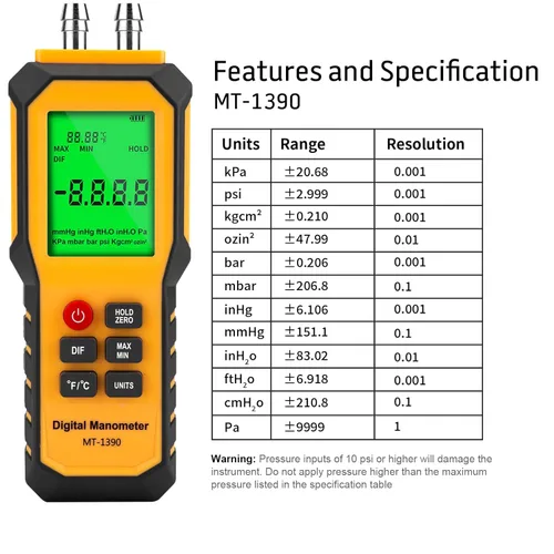 Miniatura 6 de Manómetro Digital de Puerto de Presión de 5/16 Pulgadas de Diámetro, YZT Meter Medidor de Presión de Aire de Puerto Dual Manómetro de Presión HVAC