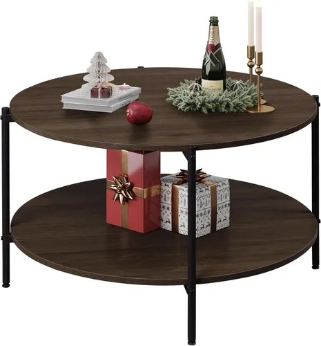 WLIVE - Mesa de café redonda para sala de estar, mesa pequeña de 32.6 pulgadas con estante de almacenamiento abierto, mesa central de madera Nogal