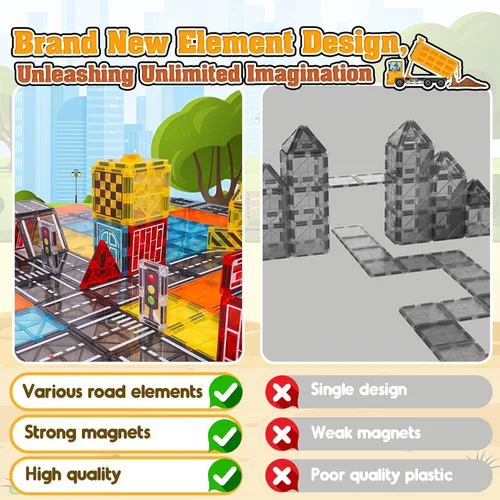 Miniatura 6 de Laminados magnéticos juguetes de construcción para niños - Set de carretera con grúa magnética para niños de 3-5 4-8 8-10 años, Set de expansión