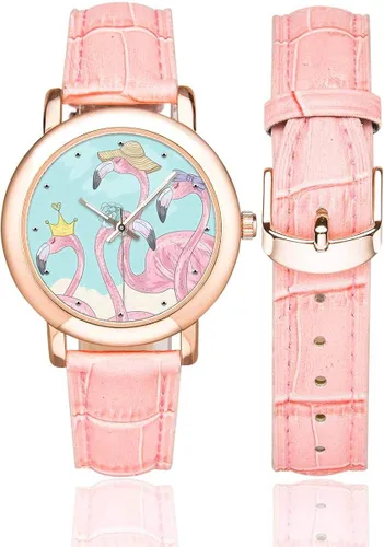 Miniatura 2 de InterestPrint Cute Flamingo Birds - Reloj de pulsera para mujer, chapado en oro rosa, correa de cuero rosa