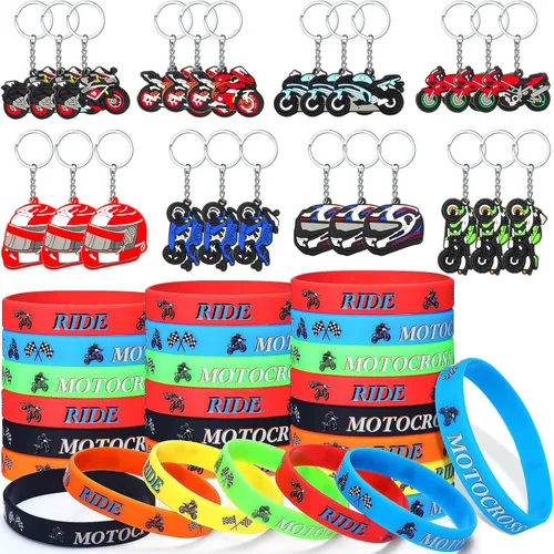 Aoriher 48 piezas de regalos de cumpleaños de motocross, 24 pulseras de silicona y 24 llaveros temáticos de motocross, rellenos de bolsas de regalo,