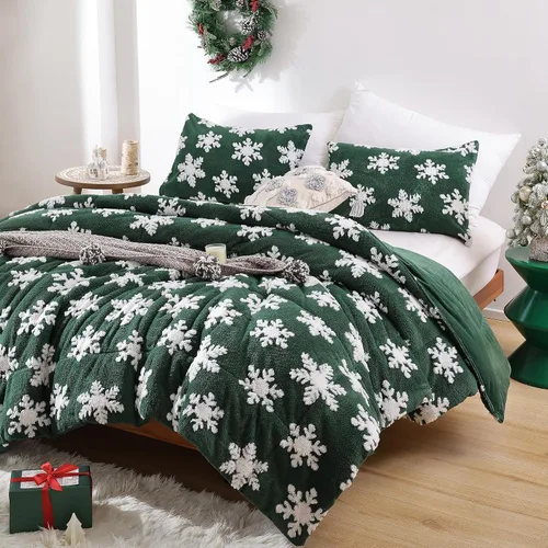 Miniatura 3 de JANZAA - Juego de ropa de cama navideña tamaño matrimonial, juego de edredón de terciopelo color esmeralda con copos de nieve blancos