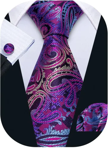 Miniatura 39 de Barry.Wang - Juego de corbata de seda para hombre, diseño de cachemira, pañuelo y gemelos de bolsillo