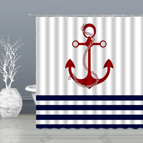 Miniatura 2 de Cortina de ducha con ancla roja, diseño de rayas azul marino y blanco, diseño náutico, vida marina, pintura artística, navegación, decoración