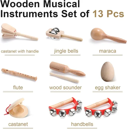 Miniatura 3 de Chumia Juego de instrumentos musicales para niños pequeños, 13 piezas, instrumentos de percusión de madera Montessori con tambor preescolar