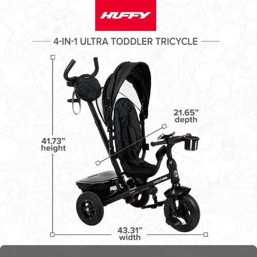 Miniatura 7 de Huffy Malmo Ultra - Triciclo convertible 4 en 1 para niños pequeños con mango de empuje para padres, toldo extraíble y soporte para tazas, triciclo