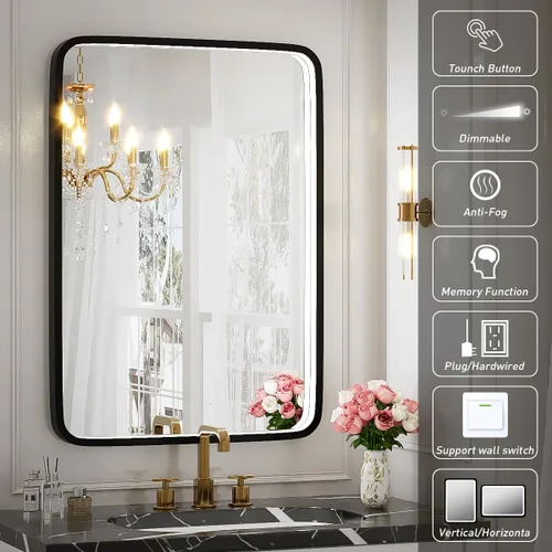 Miniatura 3 de Espejo de baño LED de 20 x 28 pulgadas con luces, marco de metal negro, espejo de tocador iluminado para pared, espejo LED regulable de 3000 K/4500