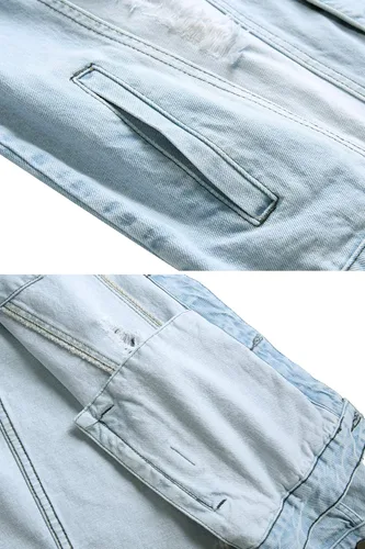 Miniatura 5 de LAMKUKU Chaqueta de mezclilla para hombre rasgada ajustada, abrigo de chaqueta vaquera para hombres