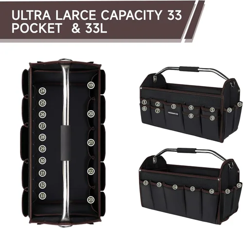 Miniatura 4 de Portaherramientas de 20 pulgadas, bolsa de herramientas con parte superior abierta, 30 bolsillos, bolsa de herramientas impermeable para hombres