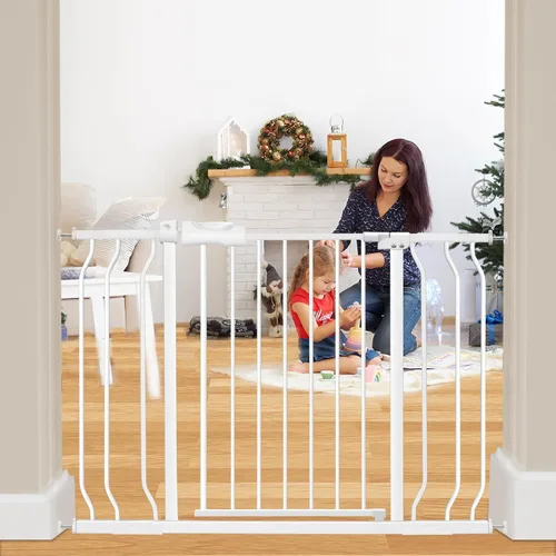 Miniatura 13 de Puerta extra ancha para bebé, puerta extra alta para perros, para escaleras, puertas, tensión de metal blanco, puertas de seguridad para mascotas