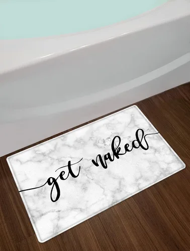 Miniatura 2 de HVEST Alfombra de baño con texto en blanco y negro con palabras divertidas para decoración de baño, alfombra de baño antideslizante de mármol
