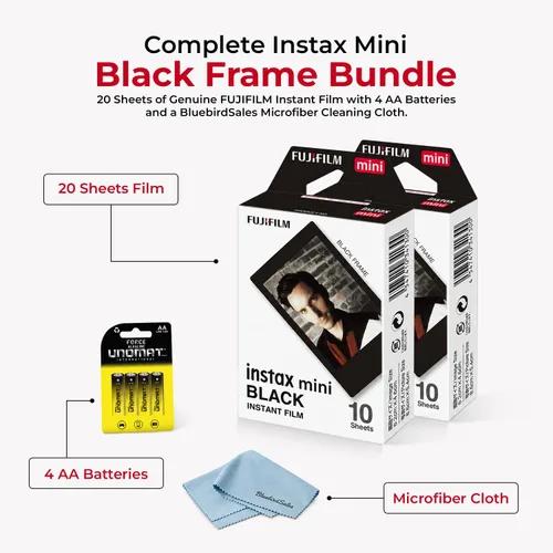 Miniatura 2 de FUJIFILM Película instantánea Instax Mini negra (20 disparos) + 4 pilas AA + paño de limpieza de microfibra BluebirdSales - Paquete de fotografía