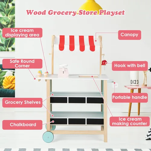 Miniatura 2 de HONEY JOY Carrito de Helados para Niños, Set de Juego de Tienda de Abarrotes de Madera con 6 Piezas de Comida de Juguete, Campana Realista y Báscula