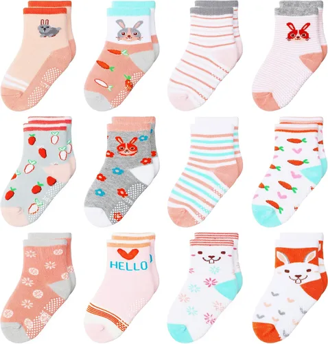 Miniatura 14 de 12 paquetes de calcetines antideslizantes para niños y bebés con agarre para niños de 1-7 años, calcetines de algodón de tripa para niños y niñas