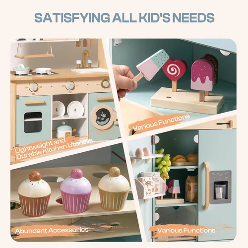 Miniatura 6 de ROBUD Juego de cocina de madera, juego de cocina de juguete para niños con diseño realista, utensilios, máquina de hielo, nevera, horno, lavadora
