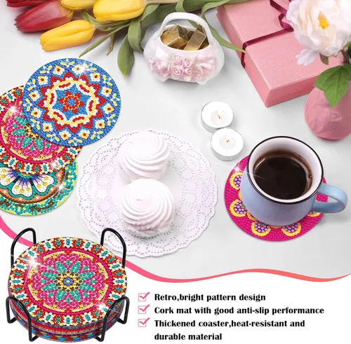 Miniatura 4 de Billbotk Juego de 8 posavasos de pintura de diamantes con soporte, posavasos de arte de diamante, artes y manualidades para adultos, pequeños kits