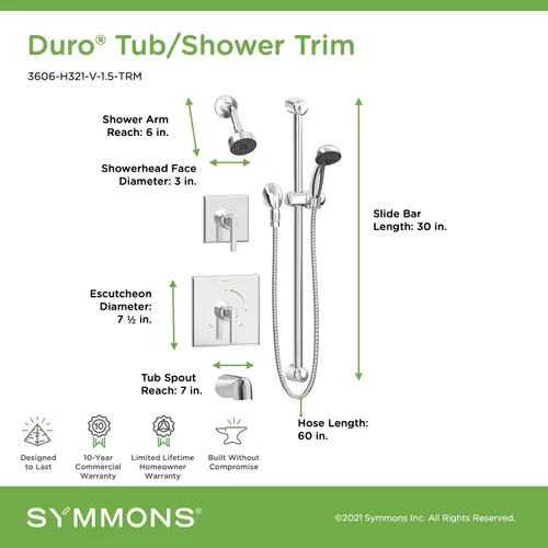 Miniatura 3 de Symmons 3606-H321-V-1.5-TRM Duro - Bañera de 2 manijas y 1 regadera con 1 rociador de ducha de mano en cromo pulido (válvulas no incluidas)