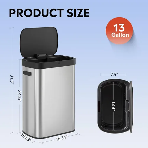 Miniatura 3 de WLIVE Bote de basura de 13 galones, con capacidad de 50 litros, con sensor de movimiento automático, papeleras sin contacto con indicador LED, botes
