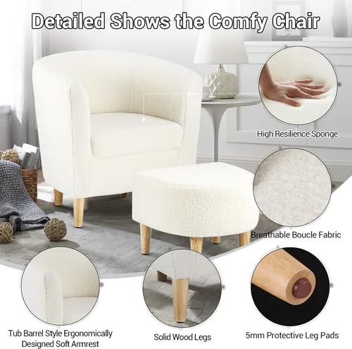 Miniatura 5 de DAZONE Silla decorativa Sherpa con otomana, sillón blanco esponjoso de barril de peluche para sala de estar acogedora, sillas pequeñas y cómodas