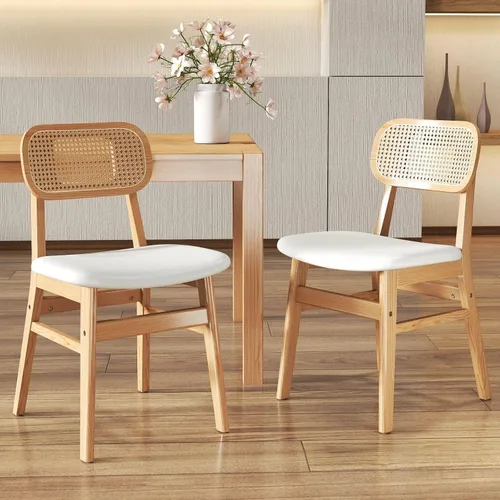 Miniatura 25 de ROCITY Juego de 4 sillas de comedor de ratán, sillas de comedor de lana de cordero blanca, sillas de cocina de madera natural, sillas de granja