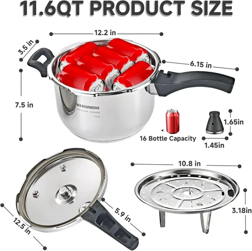 Miniatura 5 de Olla a presión de acero inoxidable con cesta de vapor, cocción más rápida y liberación de presión de seguridad (11 litros)