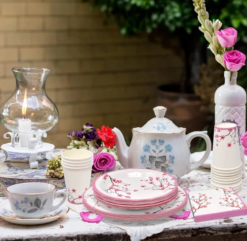 Miniatura 4 de Gift Boutique Juego de 96 piezas de suministros de fiesta de flor de cerezo rosa, plato de papel, vaso, servilleta, flores florales de primavera