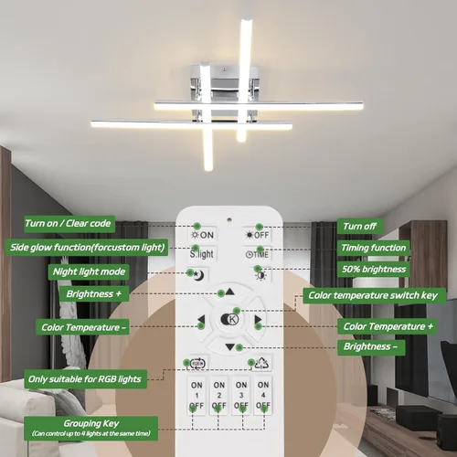 Miniatura 6 de CANEOE Moderna lámpara de techo LED de 38W regulable, lámpara de techo de montaje empotrado con control remoto, color plateado, cerca de la lámpara
