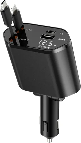 BERTHALESS Cargador de coche retráctil para papá, carga rápida 4 en 1 con USB-C y USB-A, compatible con iPhone 17/16/15/14/13/12/11, Galaxy, Pixel,
