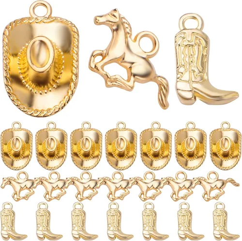 60 dijes de vaquero chapados en oro con temática occidental de aleación tibetana de vaquero, botas de caballo, colgantes de sombrero de caballo,