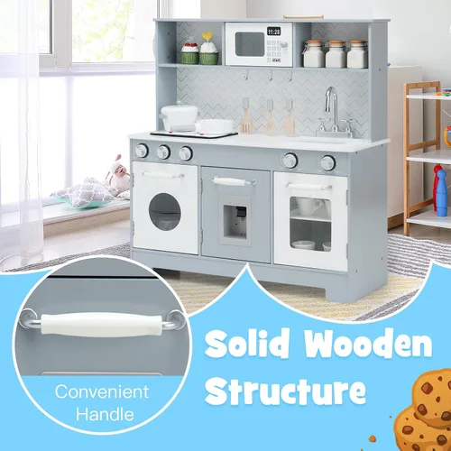 Miniatura 7 de KOTEK Juego de cocina de madera para niños pequeños con dispensador de agua y estufas/luces y sonidos, microondas, horno, teléfono y utensilios