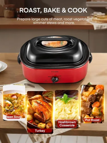 Miniatura 2 de FOHERE Horno asador eléctrico de 26 cuartos de galón con tapa visible y autofundante, tostador grande de pavo con función de descongelación y calor