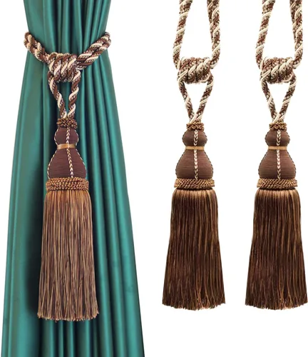 Miniatura 11 de BEL AVENIR Paquete de 2 alzapaños de cortina con borlas, grandes hechos a mano, cuerda para el hogar, oficina, hotel, elegante decorativo (beige)